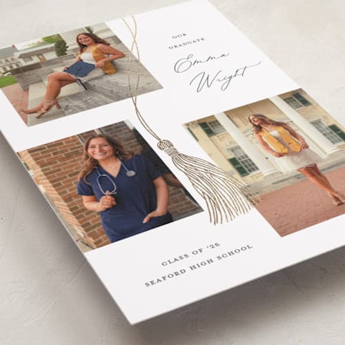 This is a cotton graduation announcements with foil pressed by Susan Zinader called tassel trio printing on recycled smooth signature in standard
