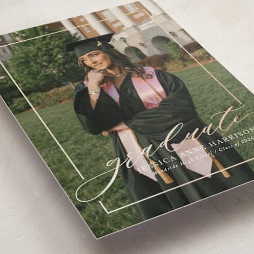 This is a ivory graduation announcements with foil pressed by Yaling Hou Suzuki called break boundaries printing on recycled smooth signature in standard