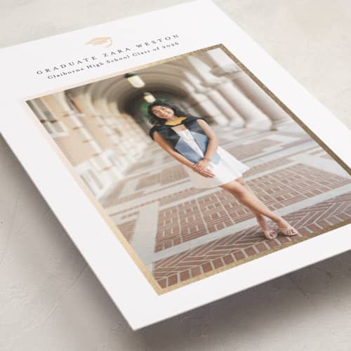 This is a cotton graduation announcements with foil pressed by Stacey Meacham called elegant frame printing on recycled smooth signature in standard