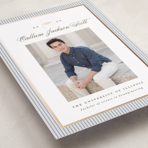 This is a granite graduation announcements with foil pressed by Laura Hankins called pinstripe classic printing on recycled smooth signature in standard