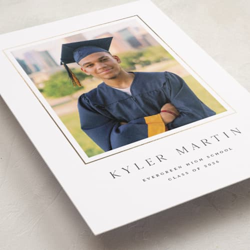 This is a snow graduation announcements with foil pressed by Sarah Curry called serif printing on recycled smooth signature in standard