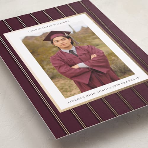 This is a burgundy graduation announcements with foil pressed by Baumbirdy called graduate stripe printing on recycled smooth signature in standard