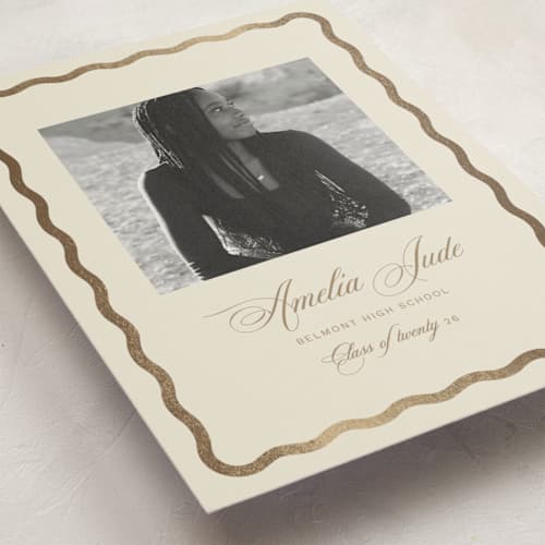 This is a buttercream graduation announcements with foil pressed by Jen Ramsey called amelia jude printing on recycled smooth signature in standard