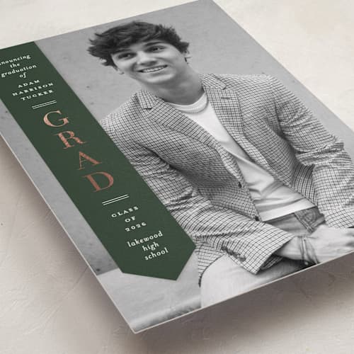 This is a pine graduation announcements with foil pressed by Lauren Chism called classic sash printing on recycled smooth signature in standard