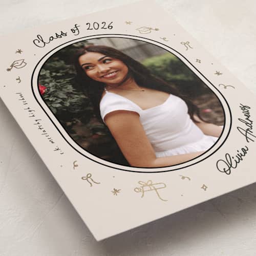 This is a onyx graduation announcements with foil pressed by Ashley Iwafuchi called illustrated grad printing on recycled smooth signature in standard