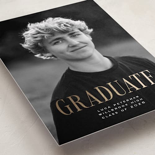 This is a snow graduation announcements with foil pressed by Rebecca Durflinger called graduation printing on recycled smooth signature in standard