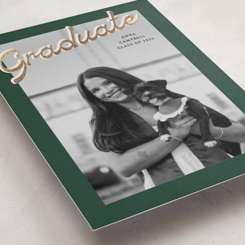 This is a forest graduation announcements with foil pressed by Ekko Studio called nostalgia printing on recycled smooth signature in standard