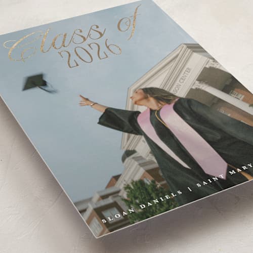 This is a porcelain graduation announcements with foil pressed by Maria Alou called class of printing on recycled smooth signature in standard