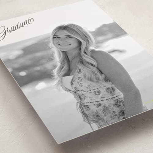 This is a lime graduation announcements with foil pressed by JoAnn Jinks called grad vintage printing on recycled smooth signature in standard