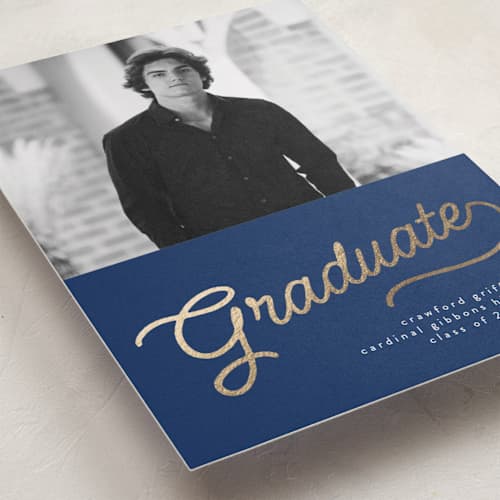 This is a navy graduation announcements with foil pressed by BR Designs called retro vintage grad printing on recycled smooth signature in standard