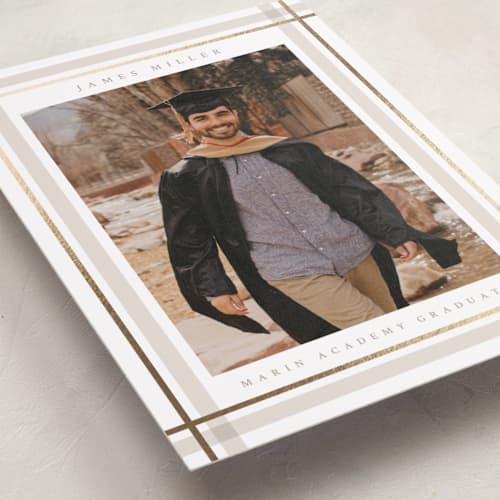 This is a tan graduation announcements with foil pressed by Ashley Presutti Beasley called traditional plaid printing on recycled smooth signature in standard