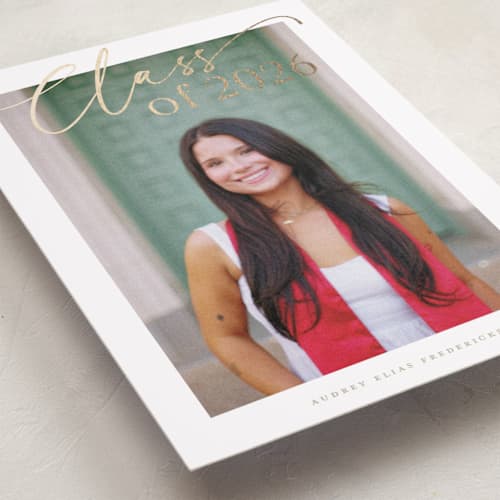 This is a cloud graduation announcements with foil pressed by Jackie Crawford called scripted graduation year printing on recycled smooth signature in standard