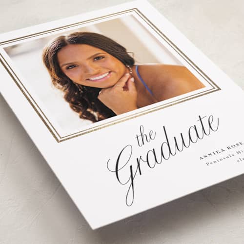 This is a cotton graduation announcements with foil pressed by Shirley Lin Schneider called elegant chic printing on recycled smooth signature in standard