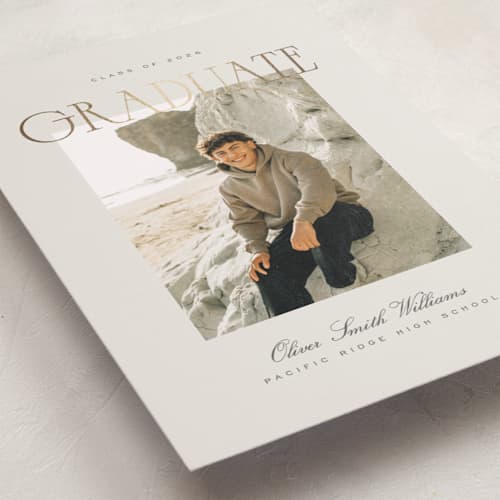 This is a linen graduation announcements with foil pressed by Ana de Sousa called timeless achievement printing on recycled smooth signature in standard