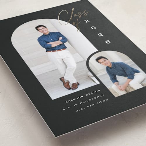 This is a chalkboard graduation announcements with foil pressed by Leah Bisch called our class printing on recycled smooth signature in standard