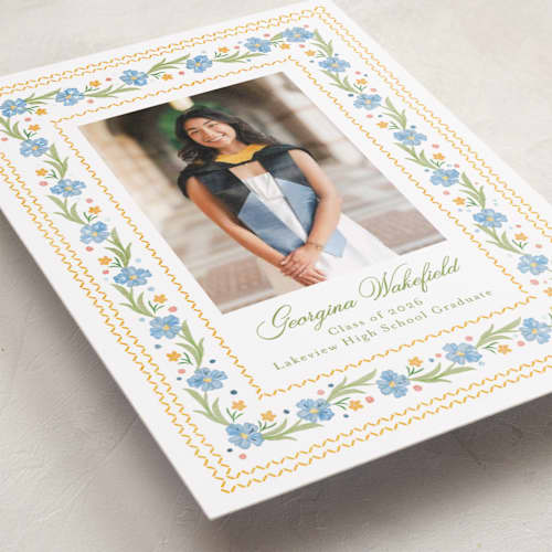 This is a sky graduation announcements with foil pressed by Melanie Kosuge called blooming printing on recycled smooth signature in standard
