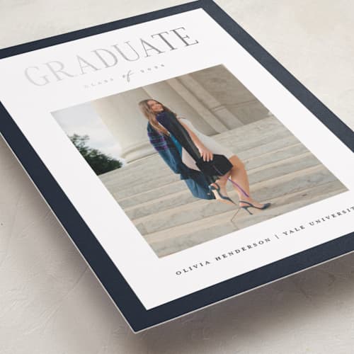 This is a navy graduation announcements with foil pressed by Christy Hy Lee called classic layout printing on recycled smooth signature in standard