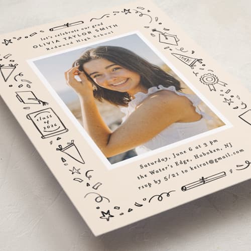 This is a sand graduation invitations with standard by Creo Study called iconic printing on recycled smooth signature in standard