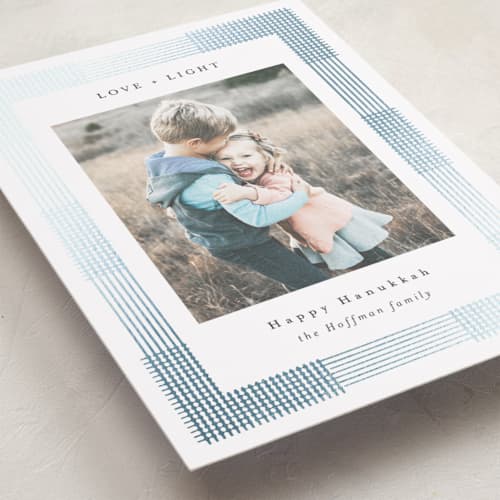 This is a ice hanukkah cards with foil pressed by AK Graphics called plaid frame printing on recycled smooth signature in standard