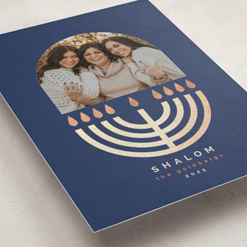 This is a aqua hanukkah cards with foil pressed by FRANI called candles arch printing on recycled smooth signature in standard