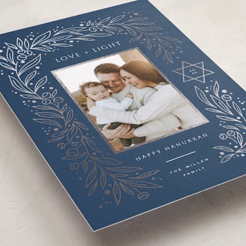 This is a midnight hanukkah cards with foil pressed by Yuliya Evseeva called star & plants printing on recycled smooth signature in standard