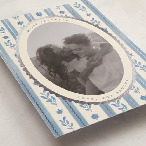 This is a glacier hanukkah cards with foil pressed by Creo Study called festive textile pattern printing on recycled smooth signature in standard