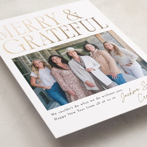 This is a snow business holiday cards with foil pressed by Robert and Stella called merry & grateful printing on recycled smooth signature in standard