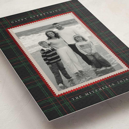 This is a evergreen foil pressed holiday cards with foil pressed by Jen Owens called plaid greetings printing on recycled smooth signature in standard