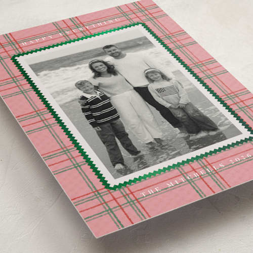 This is a cranberry foil pressed holiday cards with foil pressed by Jen Owens called plaid greetings printing on recycled smooth signature in standard