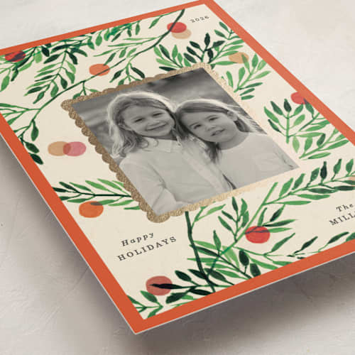 This is a persimmon foil pressed holiday cards with foil pressed by Sumak Studio called frames, dots, leaves printing on recycled smooth signature in standard