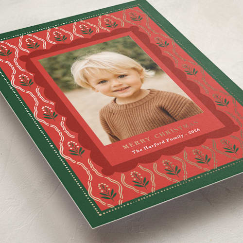 This is a cardinal foil pressed holiday cards with foil pressed by Oma N. Ramkhelawan called holiday cottage frame printing on recycled smooth signature in standard