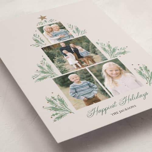 This is a champagne foil pressed holiday cards with foil pressed by Lindsay Megahed called shining tree printing on recycled smooth signature in standard