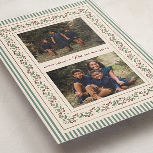This is a juniper foil pressed holiday cards with foil pressed by Jenna Holcomb called festive vine printing on recycled smooth signature in standard