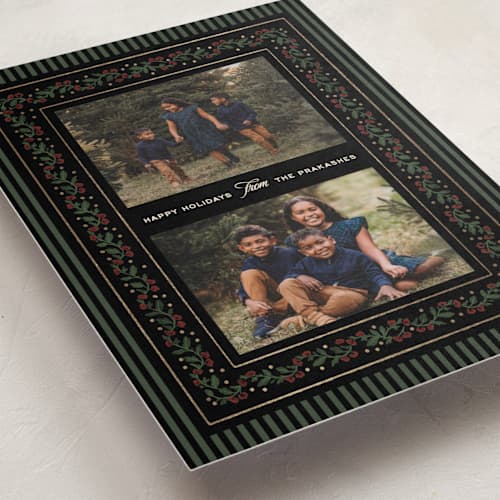 This is a coal foil pressed holiday cards with foil pressed by Jenna Holcomb called festive vine printing on recycled smooth signature in standard