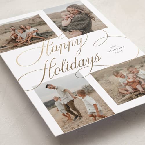 This is a marshmallow foil pressed holiday cards with foil pressed by Michelle Taylor called super script printing on recycled smooth signature in standard