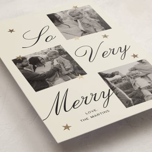 This is a champagne foil pressed holiday cards with foil pressed by Ani Somi called merry stars printing on recycled smooth signature in standard