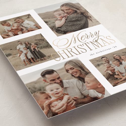 This is a snow foil pressed holiday cards with foil pressed by Kelly Schmidt called merry five printing on recycled smooth signature in standard