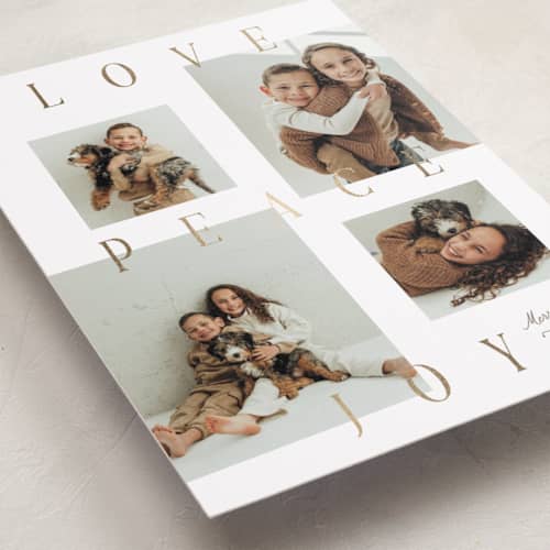 This is a snow foil pressed holiday cards with foil pressed by Robert and Stella called newsprint printing on recycled smooth signature in standard