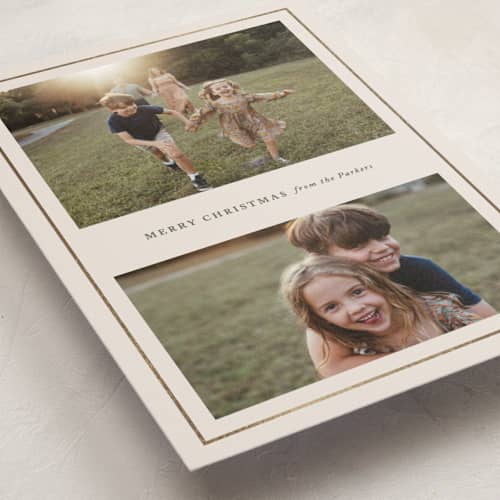 This is a eggnog foil pressed holiday cards with foil pressed by Brianne Larsen called simple border printing on recycled smooth signature in standard