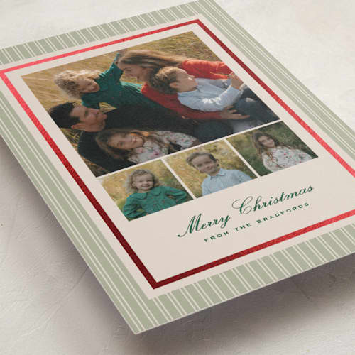 This is a pistachio foil pressed holiday cards with foil pressed by Amy Kross called nicholas printing on recycled smooth signature in standard