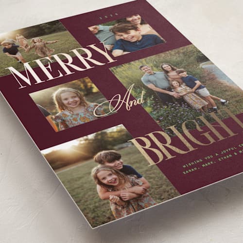 This is a merlot foil pressed holiday cards with foil pressed by Owl and Toad called collage of five printing on recycled smooth signature in standard
