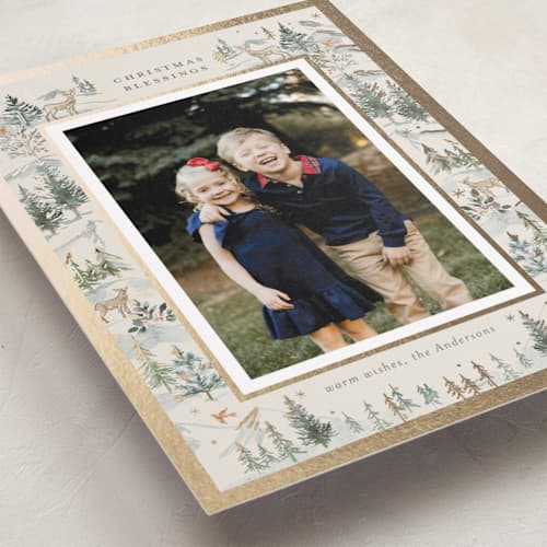 This is a winter forest foil pressed holiday cards with foil pressed by Petra Kern called heavenly place printing on recycled smooth signature in standard
