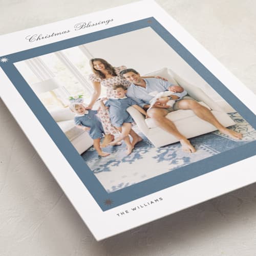 This is a slate blue foil pressed holiday cards with foil pressed by Stacey Meacham called dainty corners printing on recycled smooth signature in standard