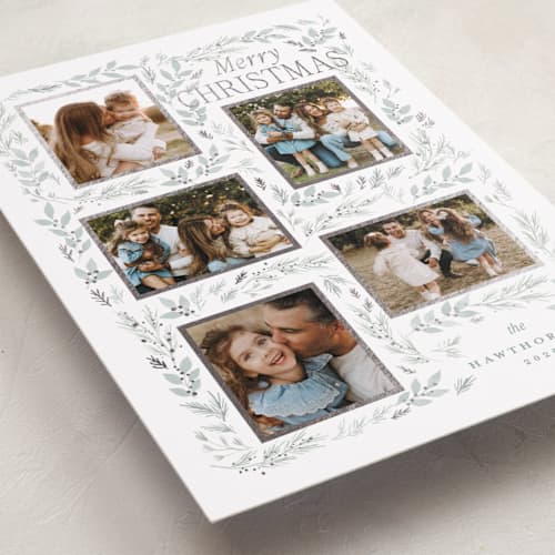 This is a snow foil pressed holiday cards with foil pressed by Rebecca Durflinger called evergreen gallery printing on recycled smooth signature in standard