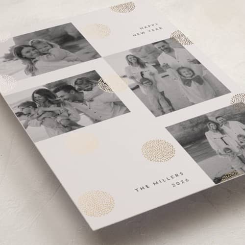 This is a vanilla foil pressed holiday cards with foil pressed by Sumak Studio called dotty dots printing on recycled smooth signature in standard