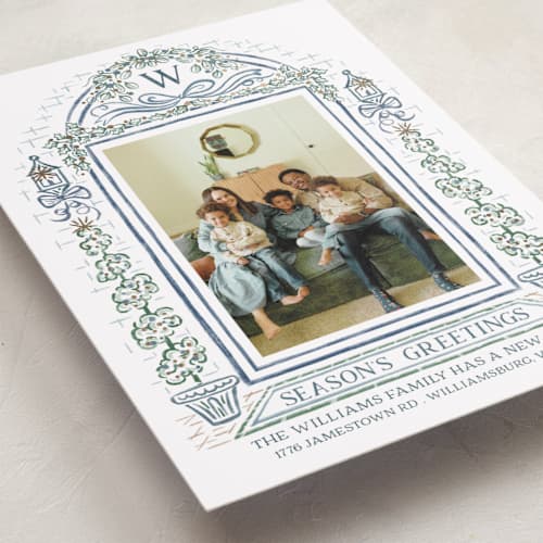 This is a lake foil pressed holiday cards with foil pressed by Paper Sun Studio called colonial christmas printing on recycled smooth signature in standard