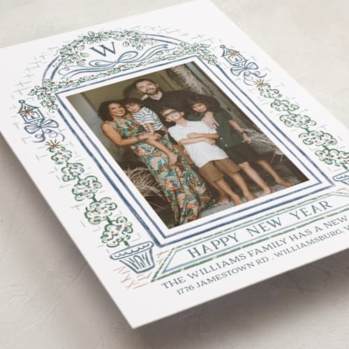 This is a lake foil pressed holiday cards with foil pressed by Paper Sun Studio called colonial christmas printing on recycled smooth signature in standard