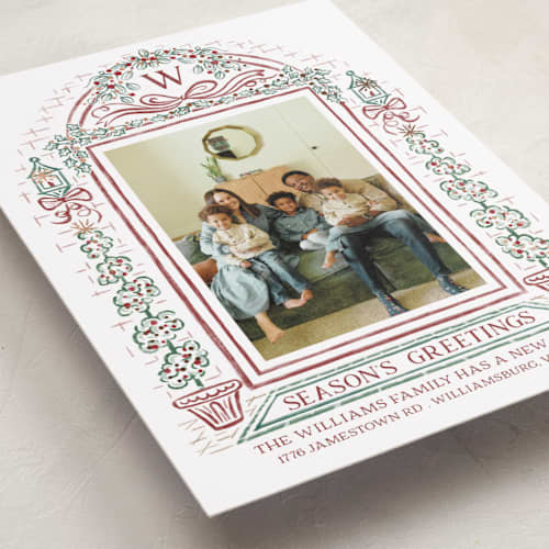 This is a brandy wine foil pressed holiday cards with foil pressed by Paper Sun Studio called colonial christmas printing on recycled smooth signature in standard