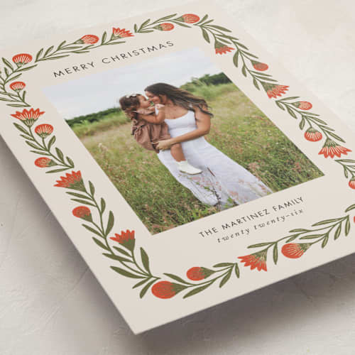 This is a candied apple foil pressed holiday cards with foil pressed by Jen Owens called wreath wrap printing on recycled smooth signature in standard