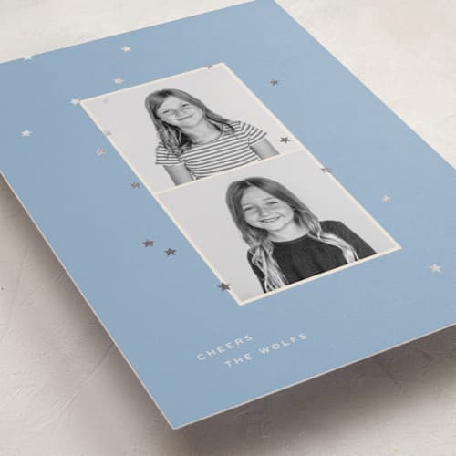 This is a cornflower foil pressed holiday cards with foil pressed by Ellen Schlegelmilch called duo shimmer printing on recycled smooth signature in standard